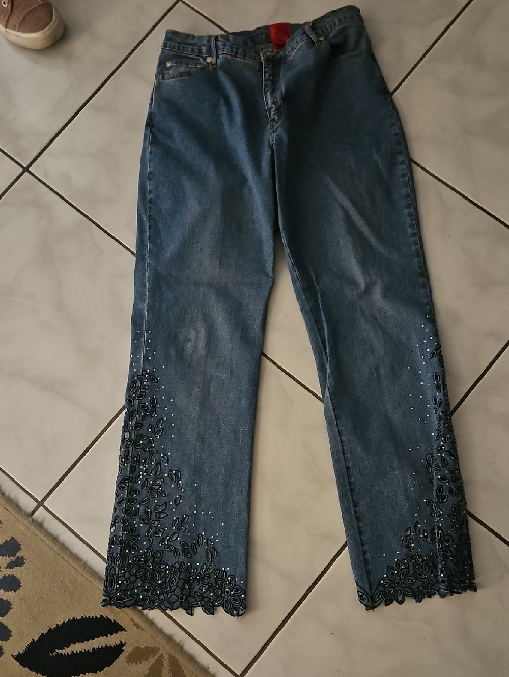 Blue Beaded Flare Jeans with Floral Laser-Cut Hem